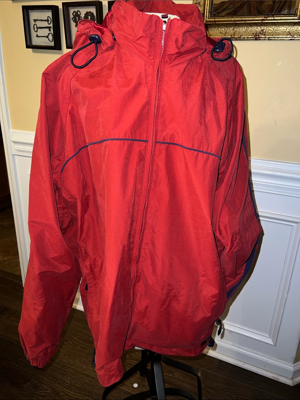 ZeroXposur Red Hooded Raincoat with Navy Trim